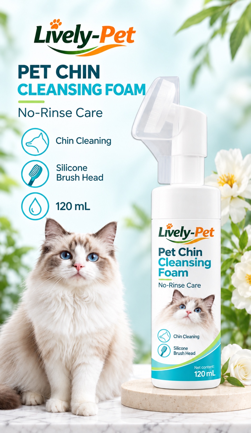 Primo piano della testina angolata in silicone della schiuma detergente per il mento Lively-Pet, con dettagli sulla pulizia del mento e sulla pulizia della spazzola.