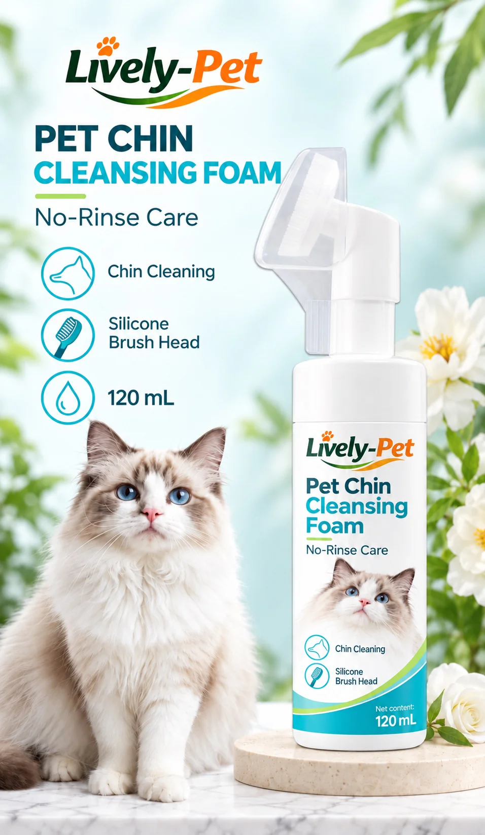 Close-up of the angled silicone brush head on Lively-Pet chin cleansing foam, with chin-cleaning and brush-cleaning details.