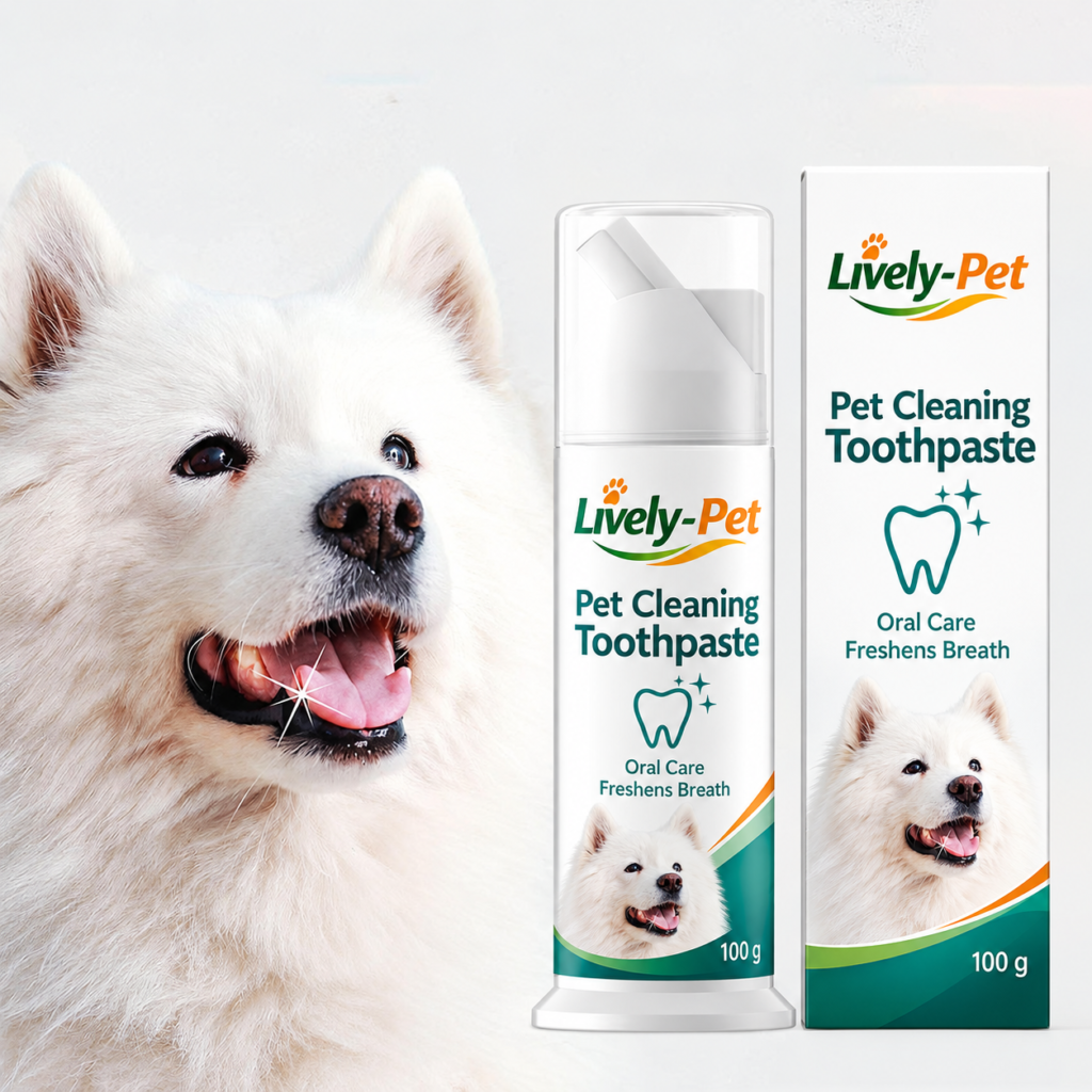 Dentifricio per cani, schiuma per l'igiene orale da 100 g con applicatore a spazzolino, ideato da Lively-Pet per favorire l'alito fresco e l'igiene dentale quotidiana.