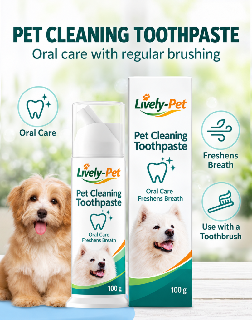 Lively-Pet 100g dog cleaning toothpaste with brush applicator, displayed with a white dog and retail packaging for daily oral care and fresh breath.