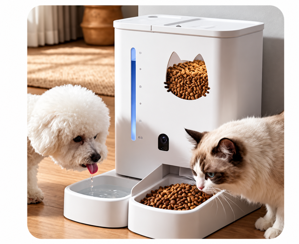 Cat and dog using a smart food and water feeder