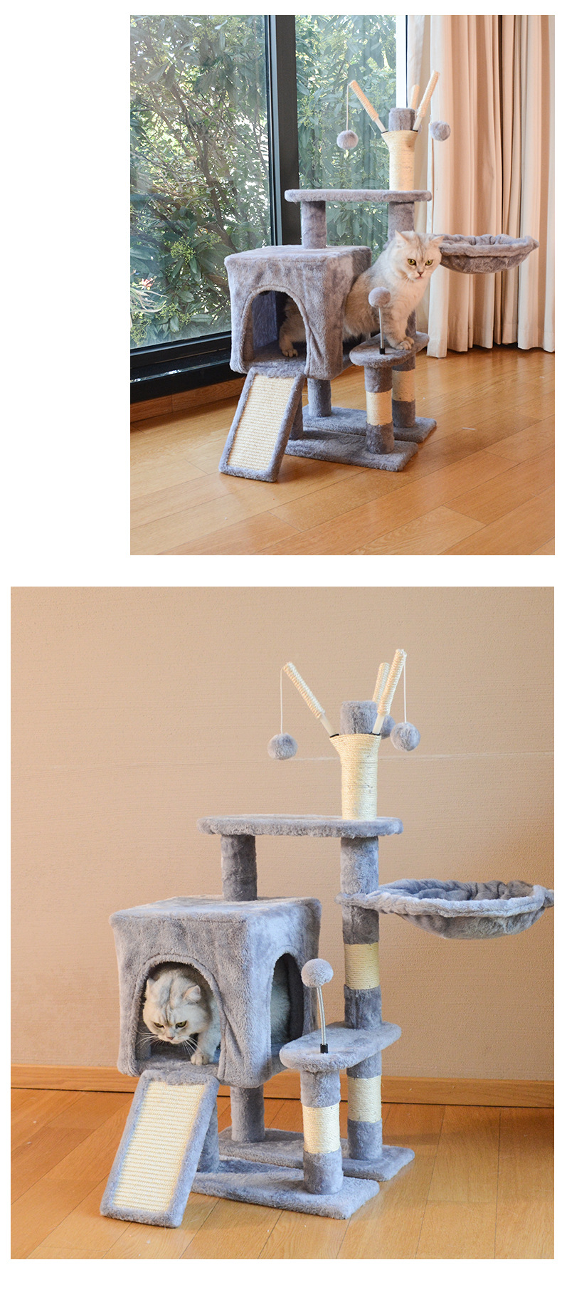 Indoor cat resting on a small cat tree with condo