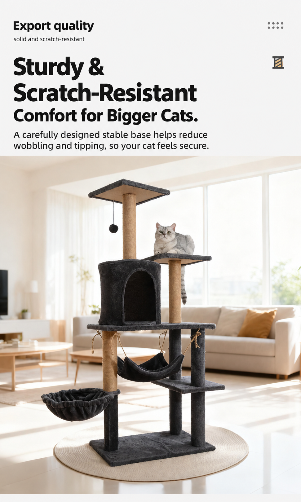 Dark gray cat tree with hammock and condo