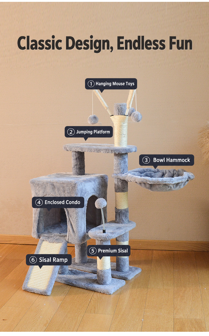 Enclosed condo on a compact indoor cat tree