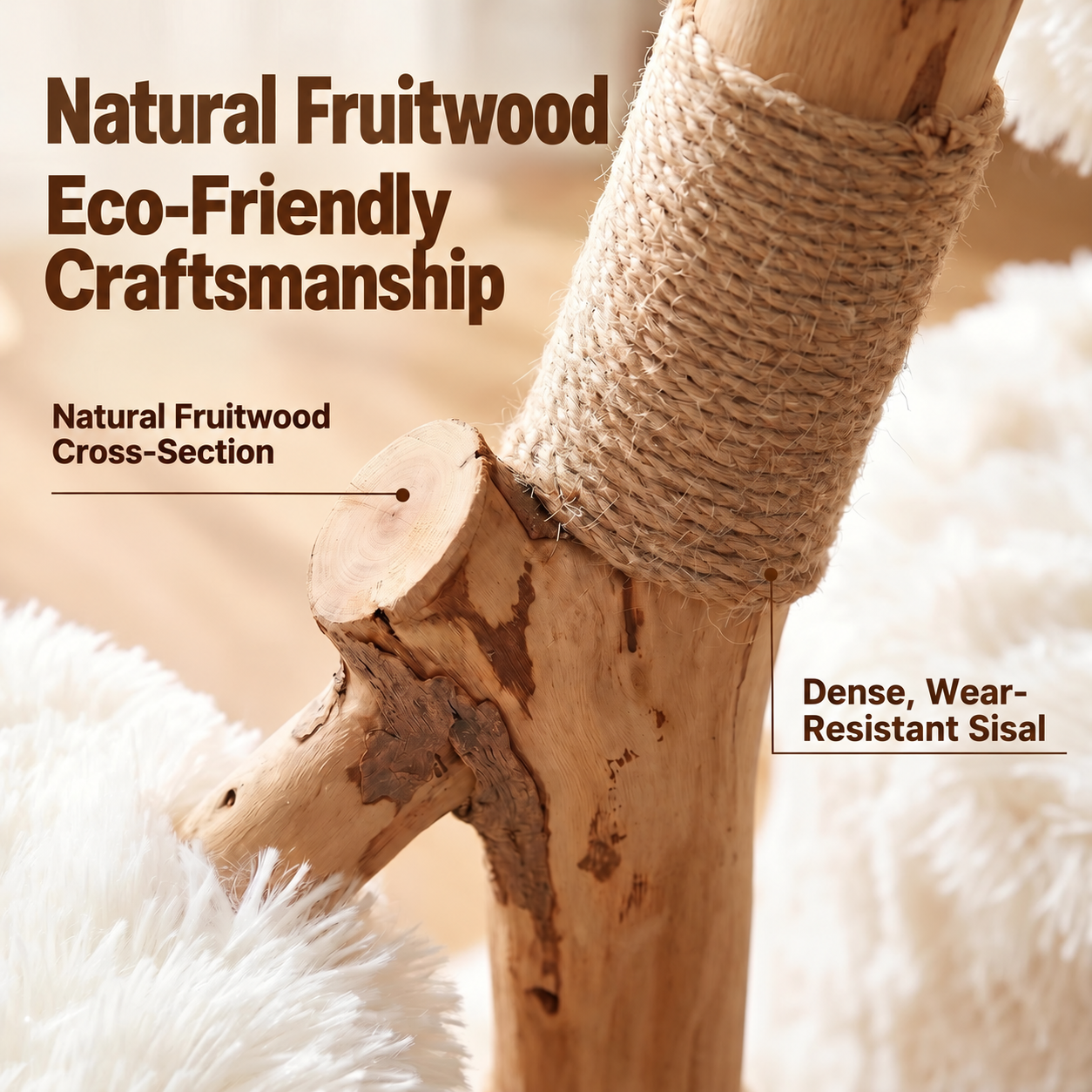 Natural fruitwood branches used in cat tree