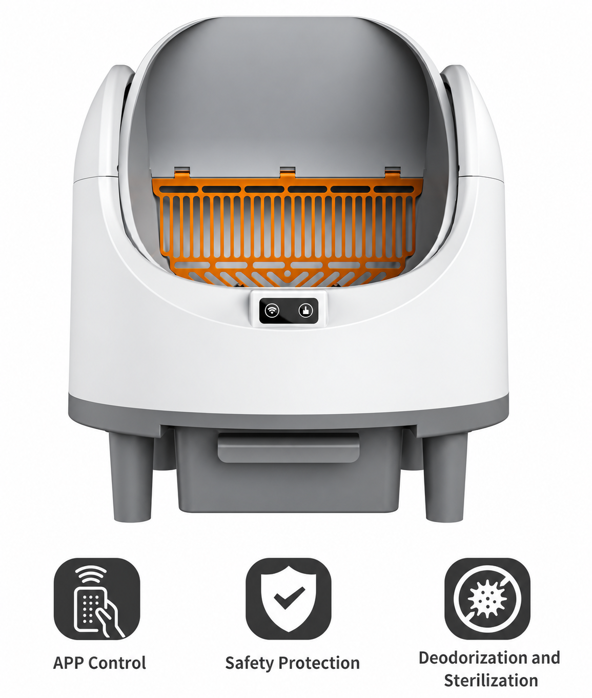 Open style automatic cat litter box front view